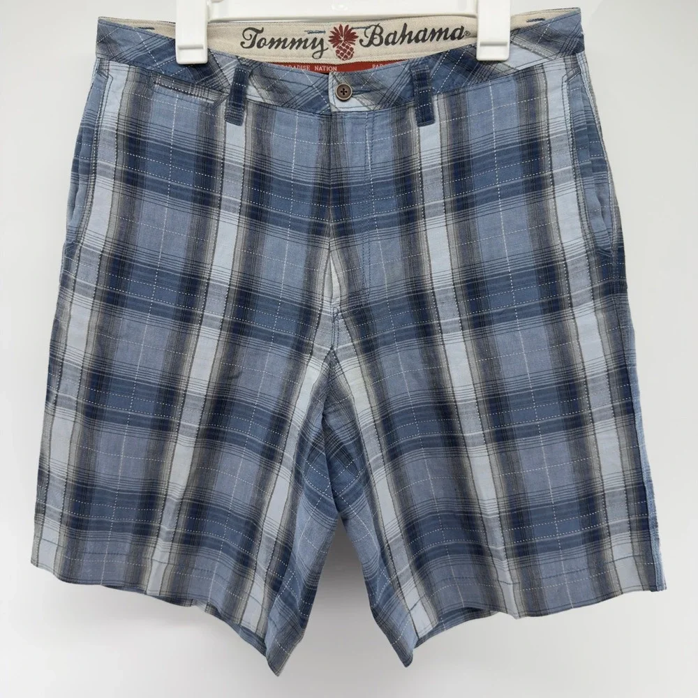 Tommy Bahama Mens 34 Blue Plaid Linen Silk Blend Shorts Casual Island Vacation